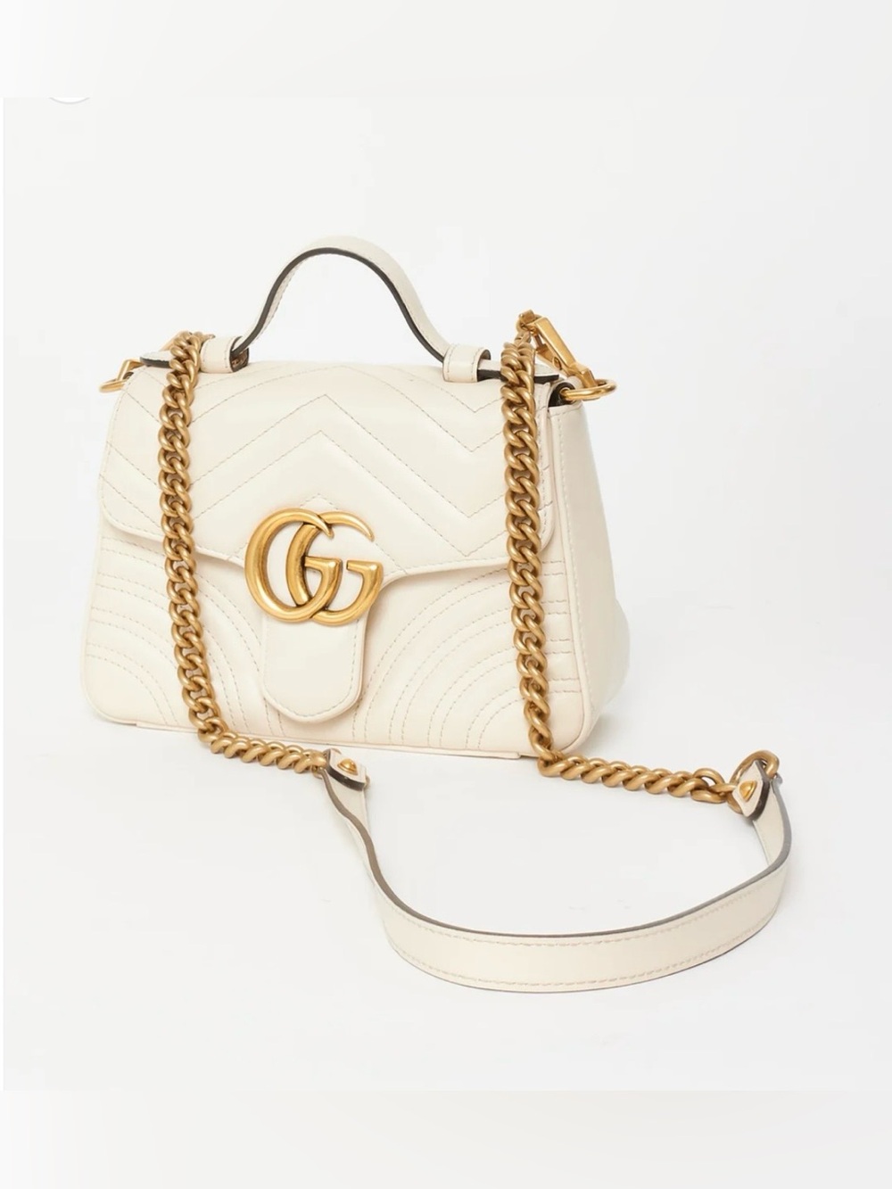 Gucci GG Marmont Top Handle Flap Bag Matelasse Leather Small Off White